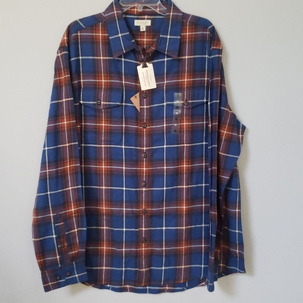 Sonoma Flannel Men's XL Blue and Brown Plaid Shirt 100% Brushed Cotton Outdoors
